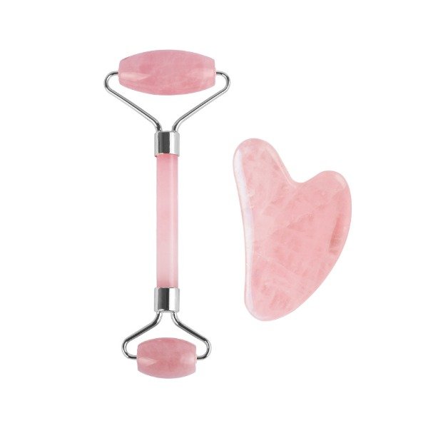 Producto - SET RODILLO MASAJEADOR FACIAL + GUA SHA DE CUARZO ROSA DUGA - 0