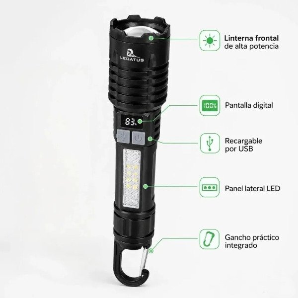 Producto - Linterna Mano Tactica Led P50 Legatus Recargable Display Carga - 9