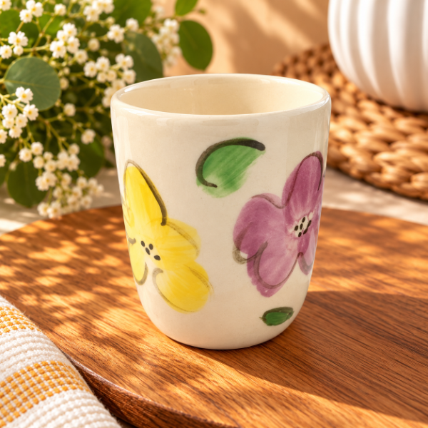 Producto - Pocillo Ceramica Flores violetas y amarillas