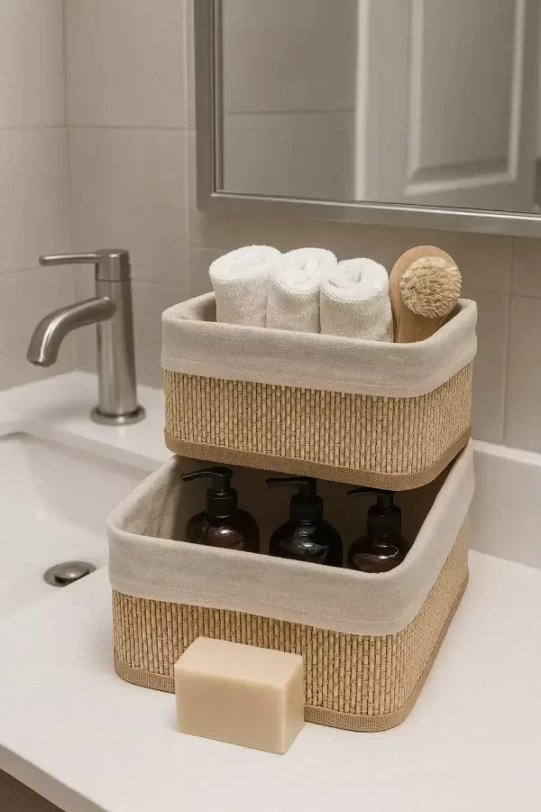 Producto - CANASTO ORGANIZADOR CUADRADO BAMBU Y LIENZO NATURAL
