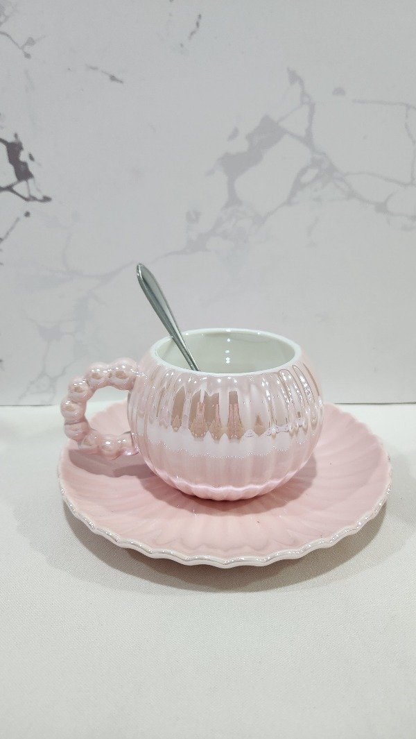 Producto - Taza Tornasolada Rosa + Plato + cuchara