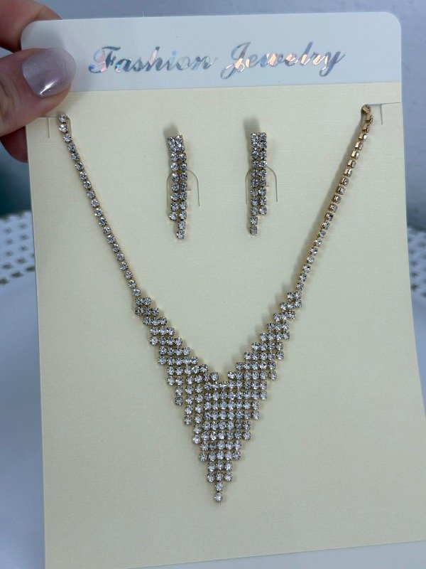 Producto - CF0042 Conjunto full strass dorado collar gargantilla + aros