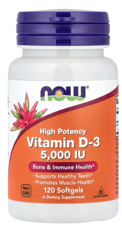 Producto - NOW Foods, Vitamina D3, Alta potencia, 125 mcg (5000 UI), 120 cápsulas blandas