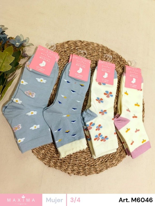 Producto - Art. M6046 - MAXIMA - Docena Media larga 3/4 Algodon de Mujer con Diseños Varios