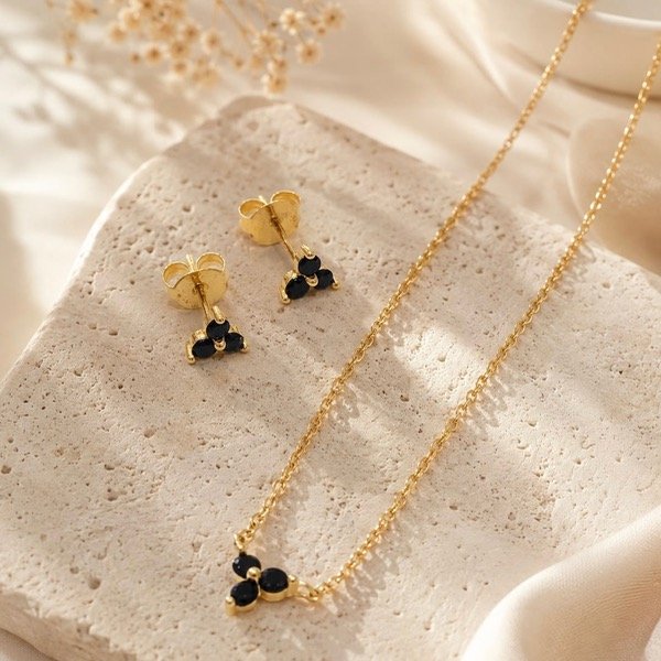 Producto - Collar más aros flor cubic negro Plata 925 Dorado - 0