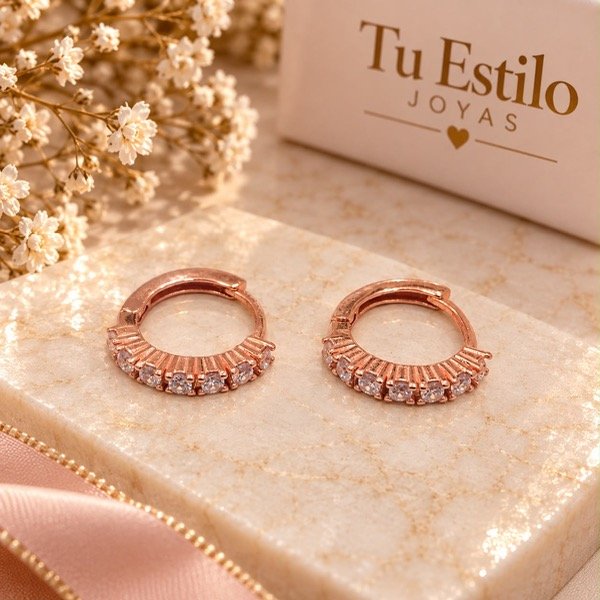 Producto - Aros argollitas cubic engarzados Plata 925 Rose