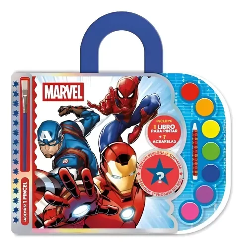 Producto - Libro para colorear anillado con 7 acuarelas pincel y lápiz de cera Avenger