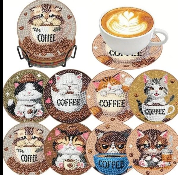 Producto - DIAMOND PAINTING SET DE POSA VASOS X8 GATITOS CAFE