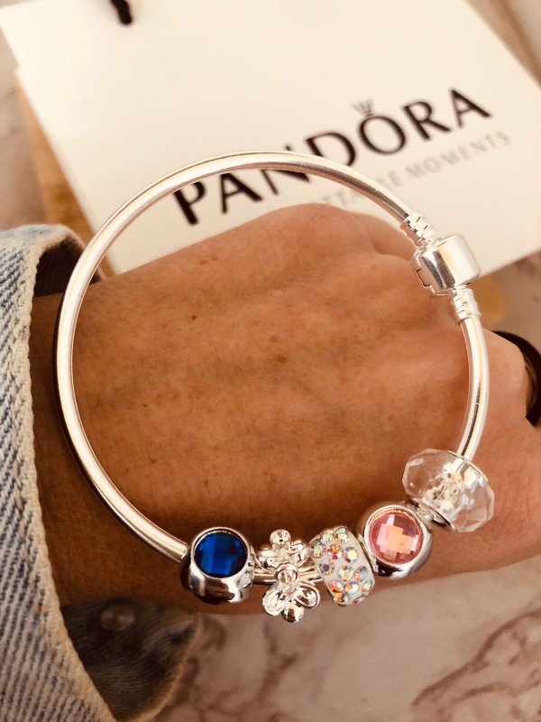 Producto - Esclava Pandora Azul y Rosa + dijes premium M4 Acero Blanco