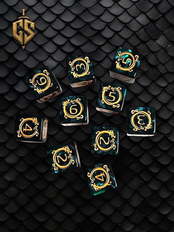 Producto - Set de 10 dados D6 Verde y Dorado