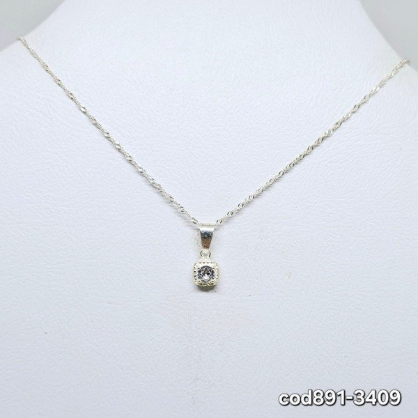 Producto - Cadena y dije Cuadrado con piedra Blanca, de plata (cod891-3409)