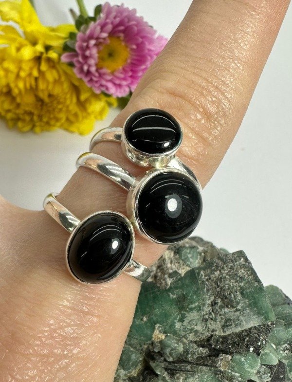 Producto - Anillo de Piedra Obsidiana Baño en Plata Regulable