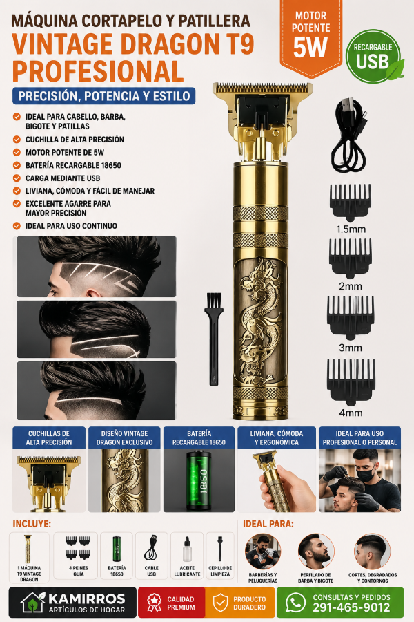 Producto - Máquina Cortapelo y Patillera Vintage Dragon T9 Profesional - 0