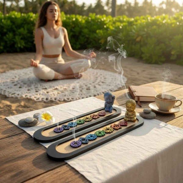 Producto - PORTA SAHUMERIO CON BUDA 7 CHAKRAS ARTESANAL FIBROFACIL Y YESO 24X6CM