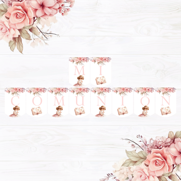 Producto - Banderín"Mi Comunión" Flores Rosa retro