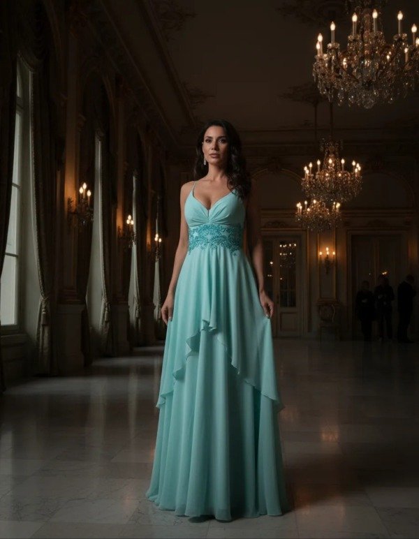 Vestido largo fiesta aqua escote corazón gasa