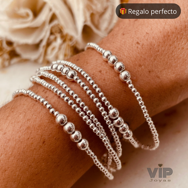 Producto - Pulsera Chilenita Bolitas Combinadas 6 Vueltas Plata 925