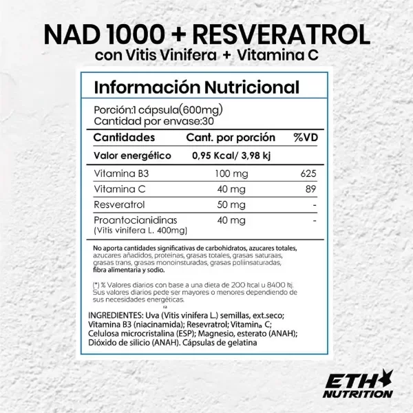 Producto - NAD + Resveratrol ETH Nutrition - 30 caps - 3