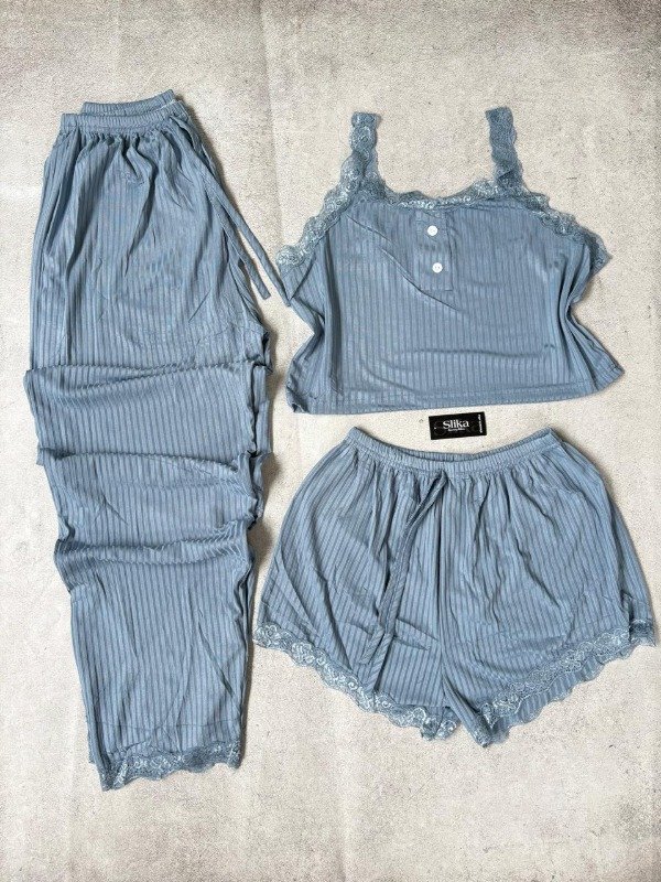 Pijama de morley y encaje 3 piezas celeste