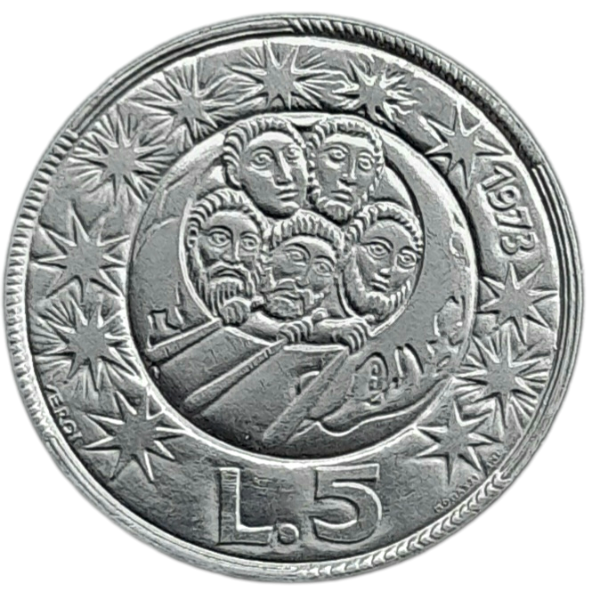 Producto - San Marino 5 Liras 1973 Hombres reman sobre globo Km#24 Unc