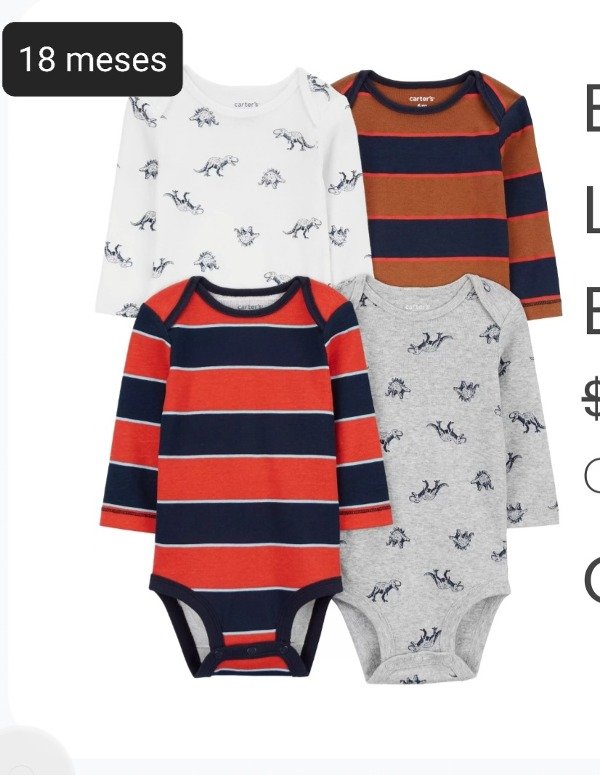 Pack de 4 bodys carters manga larga talle 18 meses rayado