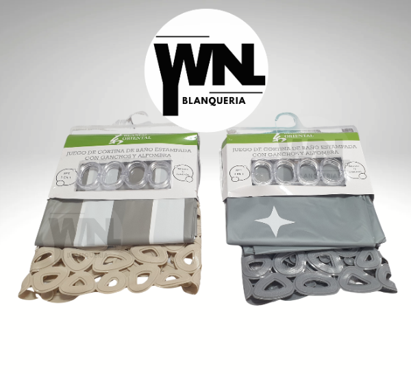 Producto - CORTINA DE BAÑO CON GANCHOS Y ALFOMBRA 3 EN 1