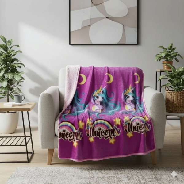 Producto - Manta de Plush 2 Plazas "UNICORNIO" Reverso Corderito