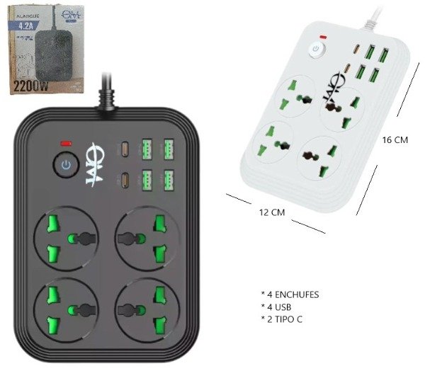 Producto - Zapatilla Inteligente 4.2a - 4 Tomas 220v - 4 Usb - 2 Tipo C 2200w