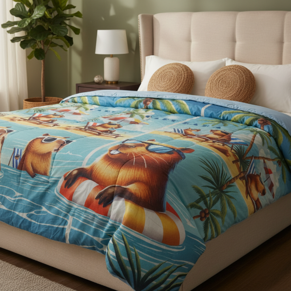 Producto - Acolchado "Capibara en La Playa" de 1 1/2 plazas Reversible a liso color Celeste