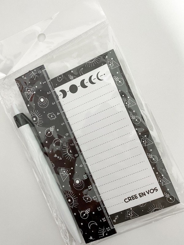 Producto - Set de escritorio. Lapicera, regla y anotador. Negro