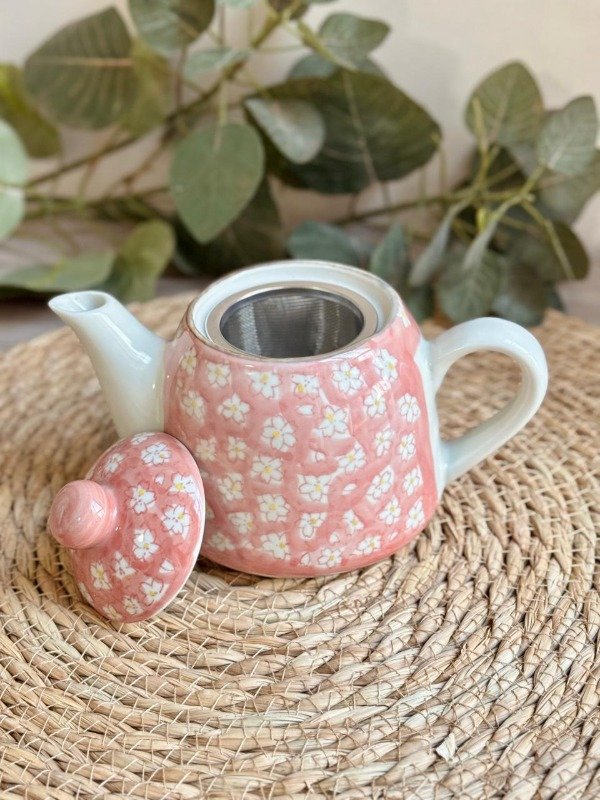 Producto - Tetera de Ceramica + Infusor Diseño Flores de Cerezo Rojo - 19 x 9 x 12cm - 0