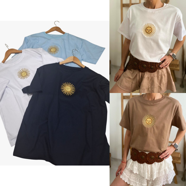 Producto - Remera Argentina Mujer Lisa Sol de Mayo Bordado Varios Colores