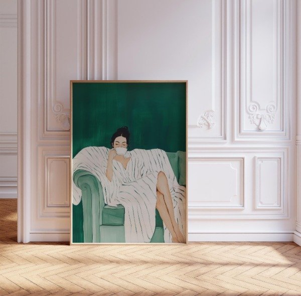 Producto - COFEE BREAK cuadro mujer esmeralda