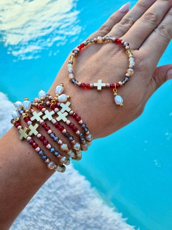Producto - PULSERA MIX CRUZ TONOS TIERRA Y ROJO