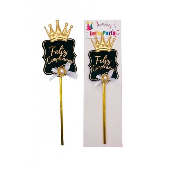 Producto - CAKE TOPPER CARTEL FELIZ CUMPLEAÑOS CON CORONA BLANCO Y NEGRO