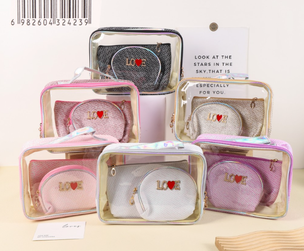 Producto - Neceser Porta cosméticos con monedero set 3 unidades LOVE con brillo