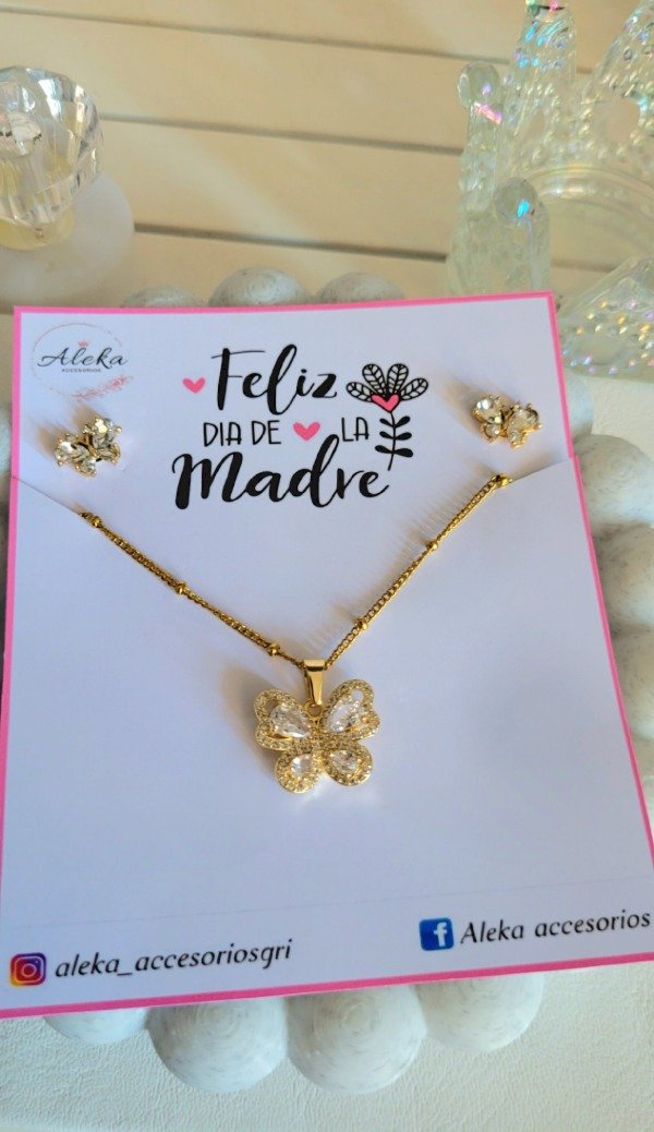 Producto - Conjunto collar y aros mariposa con cubic y micropavé de acero dorado - 1