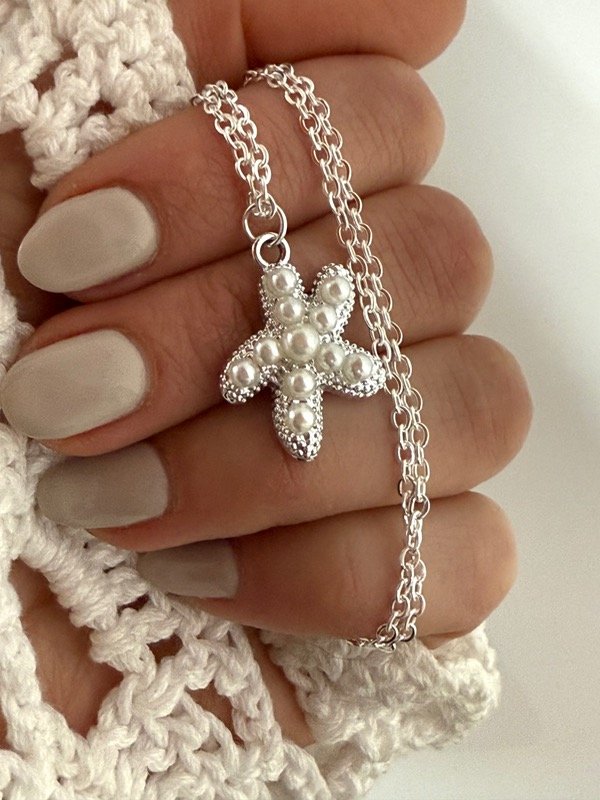 Producto - CB456 Collar estrella de mar con perlitas acero blanco 45 cm