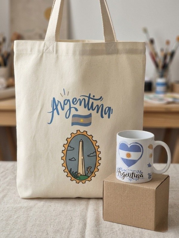 Producto - Kit Argentina - Taza + Stickers + Tote bag (bolsa estilo playero)