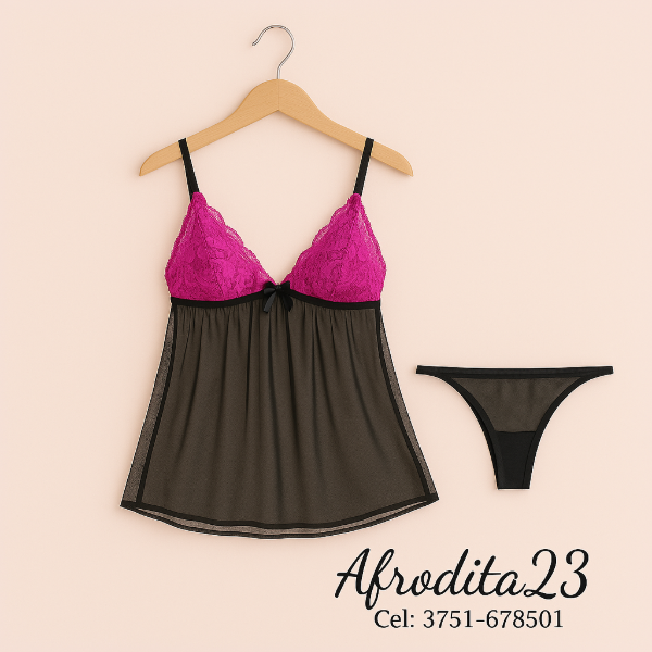 Producto - Baby Doll y Tanga Negro semi trasparente y puntilla Fucsia Cod A6-06