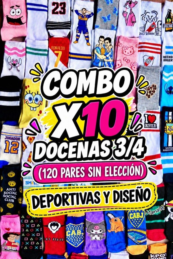 Producto - COMBO X10 DOCENAS 3/4 SURTIDAS EN DEPORTIVAS Y DISEÑOS