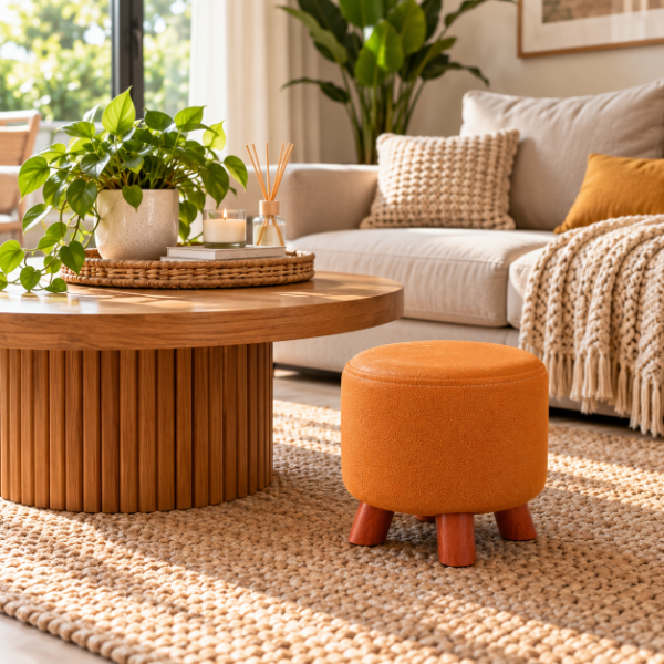 Producto - PUFF CIRCULAR C/ BASE MADERA 28CM DE DIAMETRO X 26 DE ALTURA TELA ACOLCHADA - 6