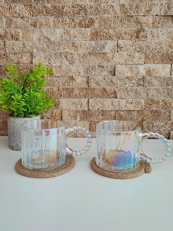 Producto - Set de 2 Tazas de vidrio tornasoladas con cucharita de regalo