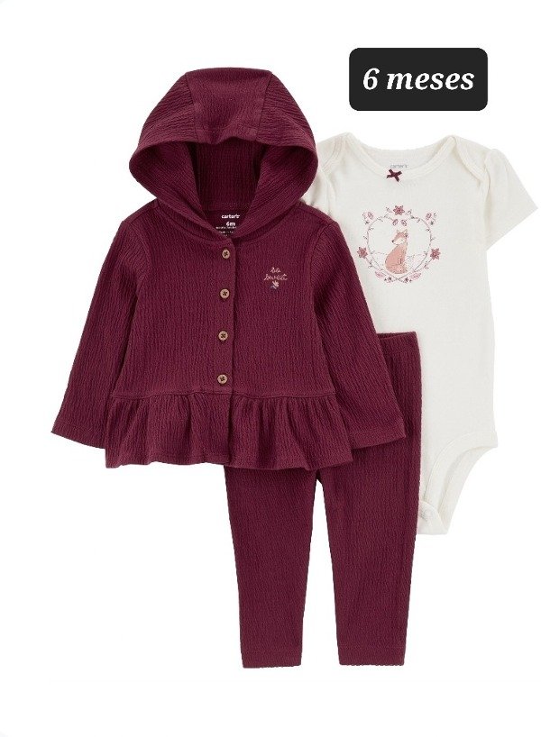 Trio carters campera pantalon y body talle 6 meses bordo