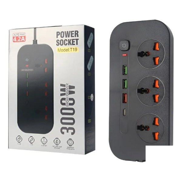 Producto - Zapatilla Turbo Power 3 Enchufes + 3 USB + 1 USB-C - Negro