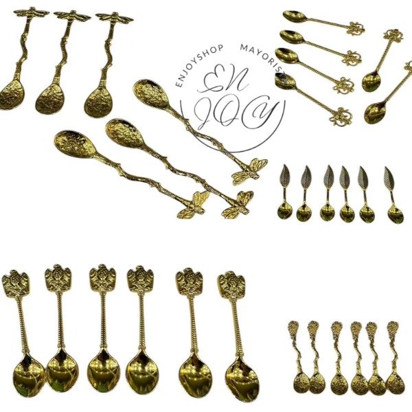 Producto - SET DE 6 CUCHARITAS DORADO CAFE PLUMA ARTE ESTETICA