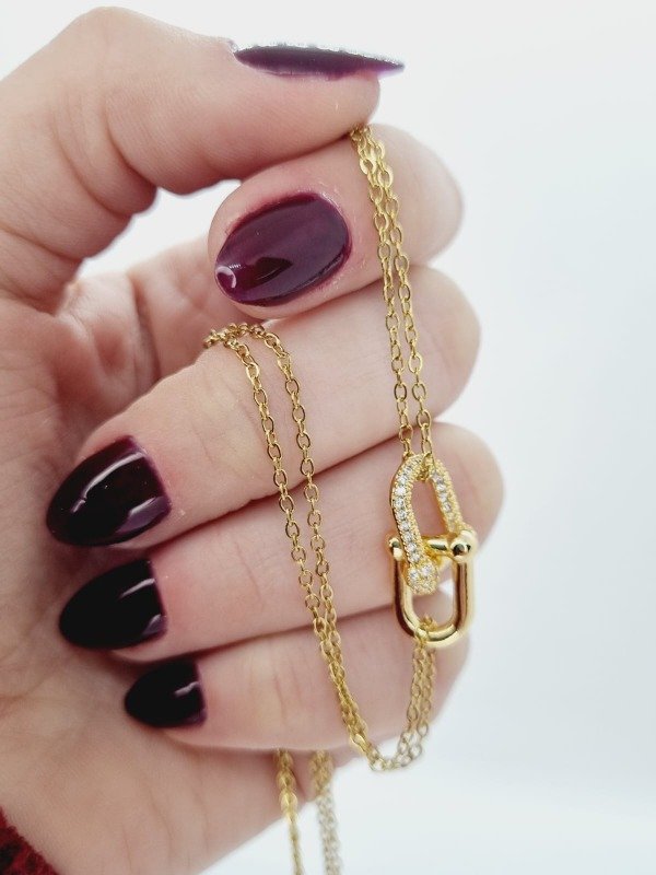 Producto - Cadena acero dorado doble fina dije clip liso/strass