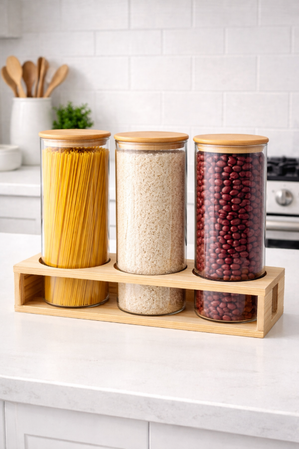 Producto - SET X3 FRASCOS VIDRIO 16CM + BANDEJA MADERA DE BAMBÚ