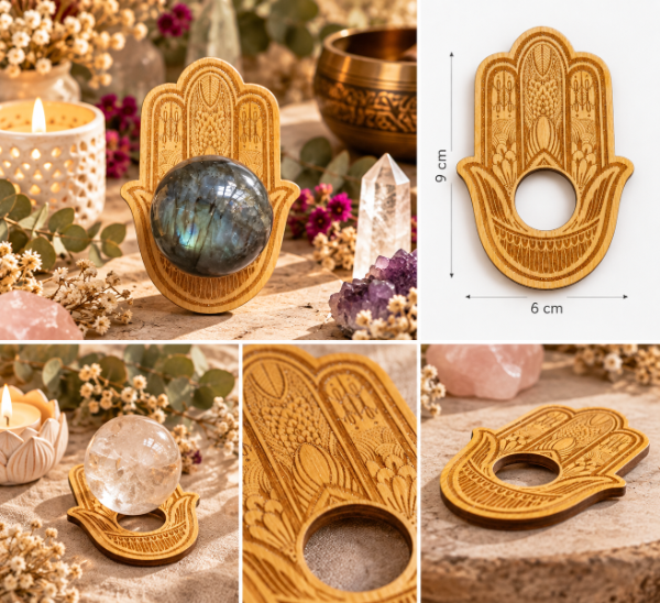 Producto - Soporte para Esfera Mano de Fátima - Madera de Guatambú - 1