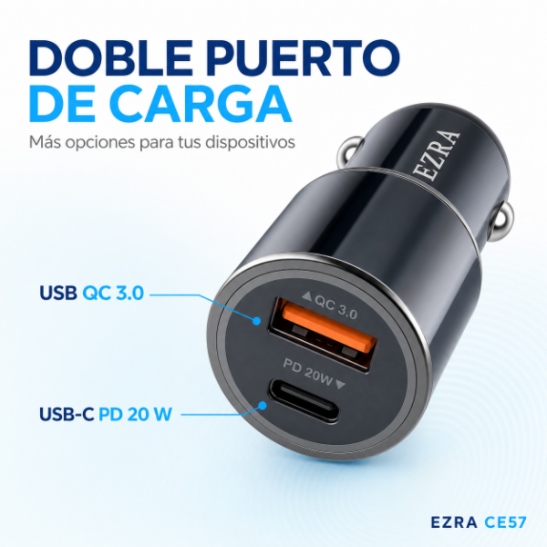 Producto - Adaptador de Metal Para Auto de 38W  + Luz Led Salida USB-TPC  CR57 EZ-E03. - 3